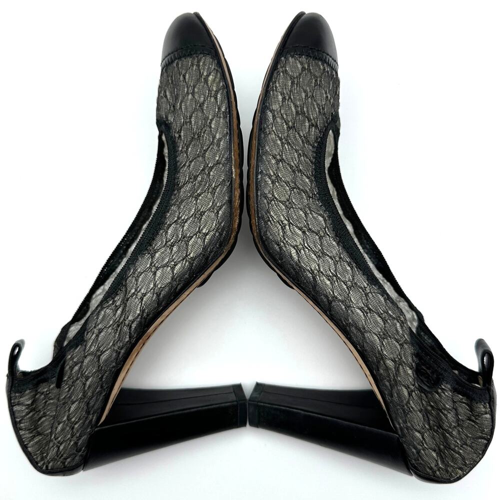 CHANEL Black Lace & Leather Elastic Heel Pumps Cap Toe IT 38.5 - Picture 7 of 13